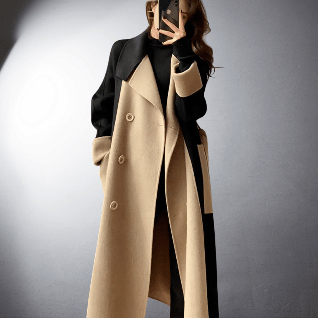 Dwukolorowy płaszcz z prostym krojem dla kobiet | Idealny na zimę