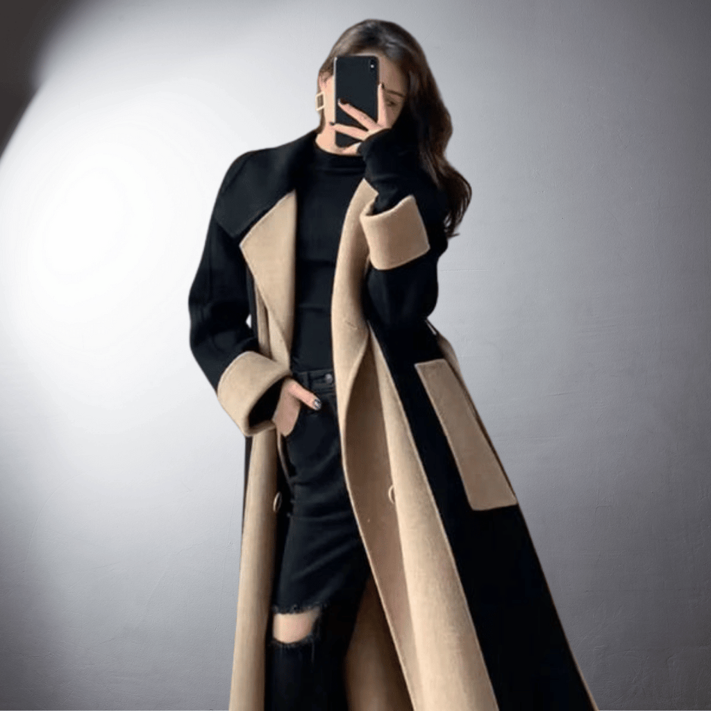 Dwukolorowy płaszcz z prostym krojem dla kobiet | Idealny na zimę