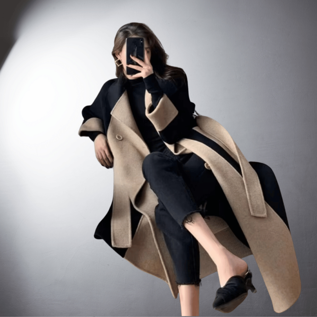 Dwukolorowy płaszcz z prostym krojem dla kobiet | Idealny na zimę