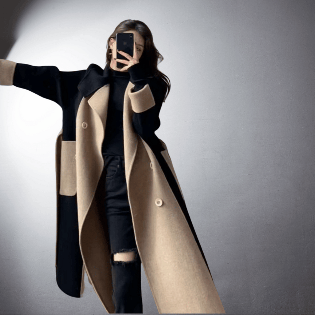 Dwukolorowy płaszcz z prostym krojem dla kobiet | Idealny na zimę