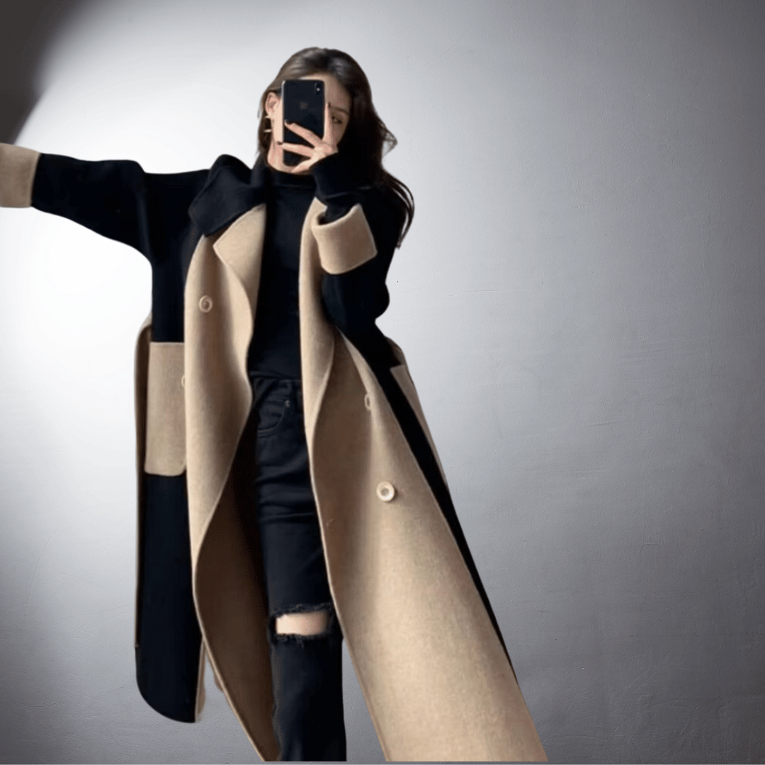 Dwukolorowy płaszcz z prostym krojem dla kobiet | Idealny na zimę